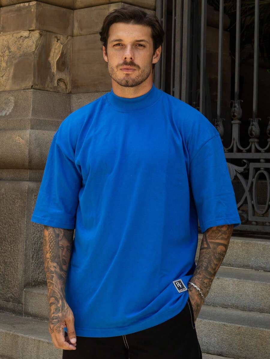Oversized Plain Turtleneck Basic Streetwear T-Shirt For Men Unisex - 寶藍色 - 查看 1