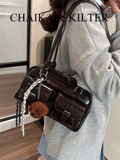 CHAIKA & KILTER 1 件闪亮 PU 皮革女士单肩包，带多个口袋，大容量波士顿风格，拉链开合，适合日常和户外使用（附吊坠）