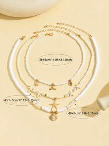 3pcs Bohemian Beach Vacation Style Starfish, Shell, Fish Tail Random Soft Clay & Rice Bead Multilayer Necklace For Women (Avoid Contact With Water) - White - View 4