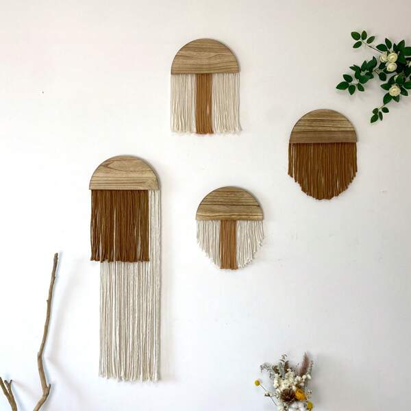 1pc Handmade Macrame Wall Art, Classic Semi-Circle Wooden Board Hanging Tapestry, Bohemian Style Colorful Tassel Wall Decor