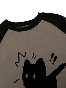 女式时尚休闲 Y2K 风格可爱猫咪印花撞色插肩袖圆领短袖 T 恤