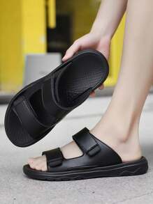 男士春夏款PU皮革休闲百搭黑色拖鞋 - 黑色 - 查看 4