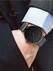 1 件 HANNAH 时尚黑色不锈钢网状表带防水男士手表，中心小秒针商务石英男士手表，适合日常商务会议和派对场合 - 黑色 - 查看 9