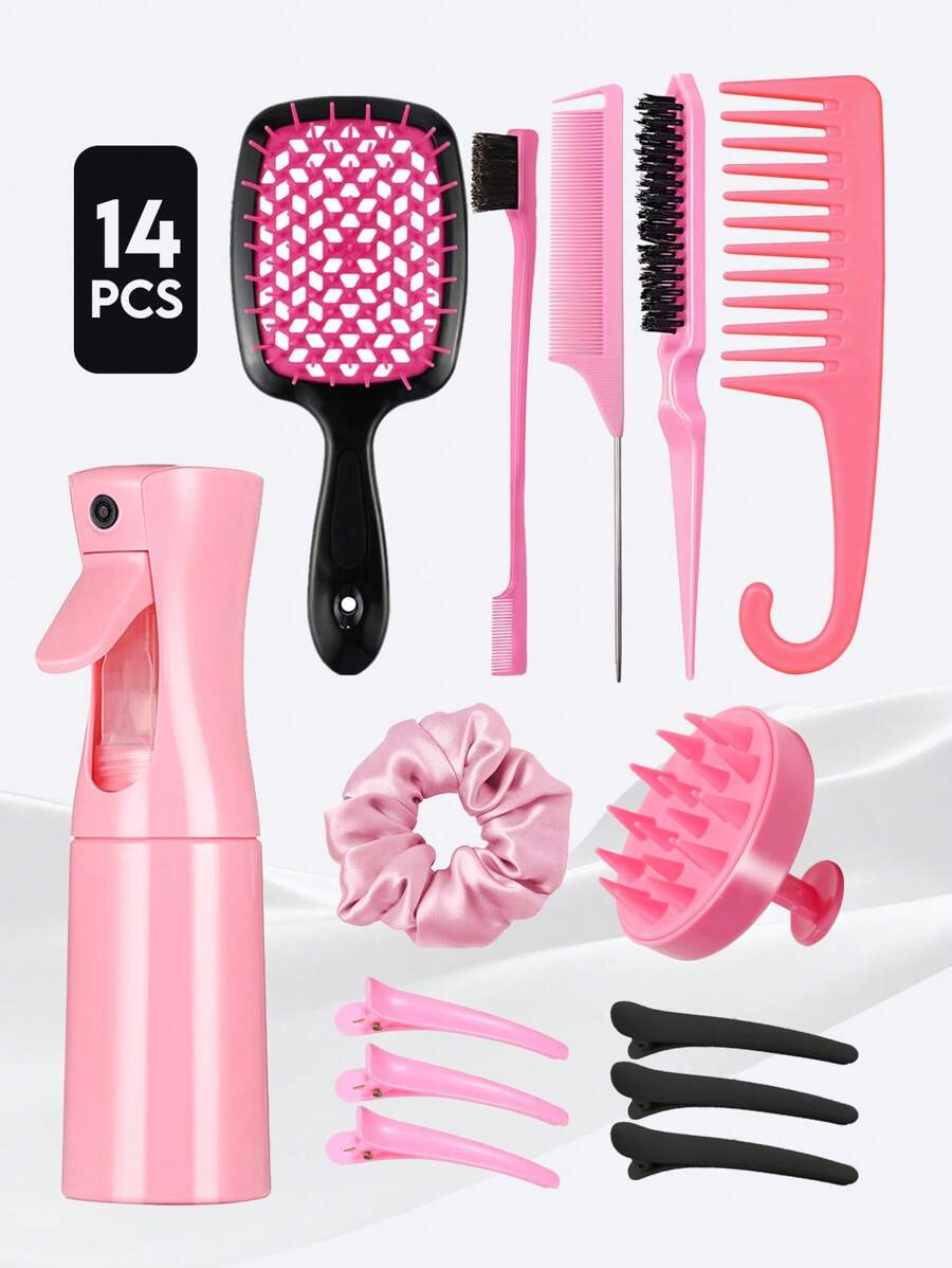 6/14 pezzi Set di spazzole per acconciatura capelli ricci, include: spazzola lisciante, pettine cavo, flacone spray, spazzola per shampoo, pettine a denti larghi con gancio, spazzola volumizzante, pettine a punta, spazzola per bordi (per capelli grossi/fini e styling della nuca), strumenti per styling per capelli ricci naturali e vari accessori per capelli. Prodotti essenziali per barbieri, saloni di bellezza, viaggi, cura dei capelli, accessori per capelli, estate, vacanze, festival, feste