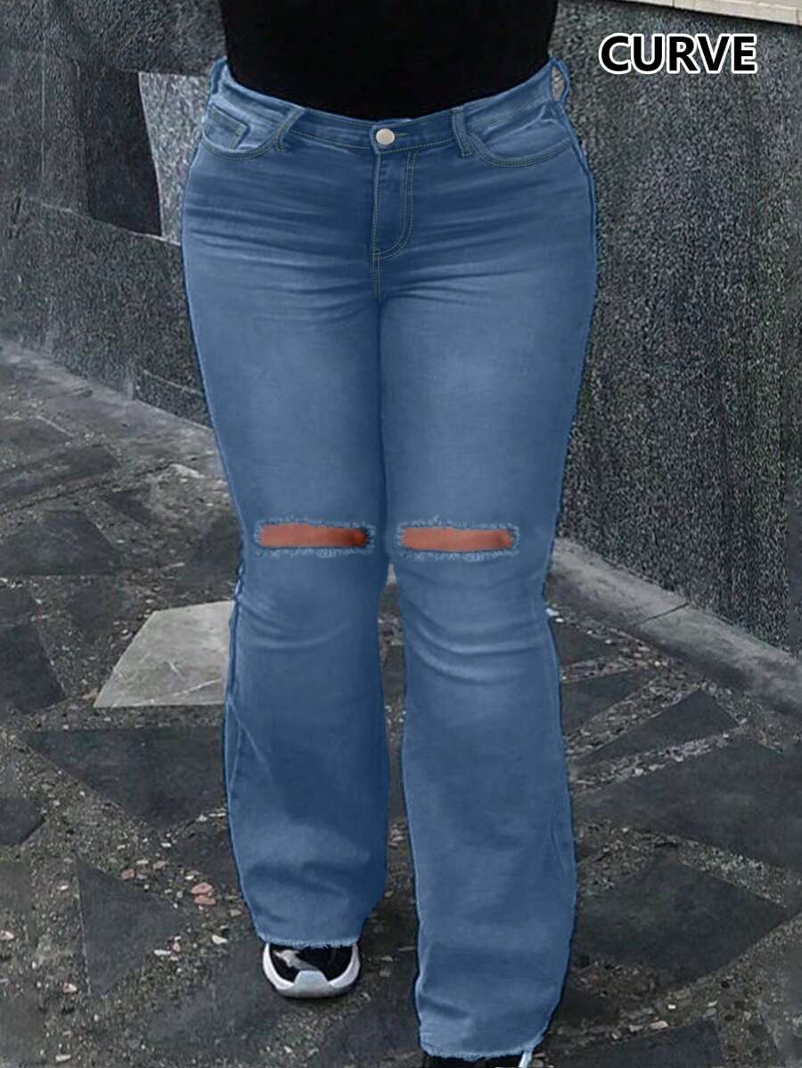 Plus Size Women's Simple Casual Fashion Washed Embossed Insert Pockets Hole Women's Stretch Skinny Bootcut Flare Jeans - 中等水洗藍 - 查看 1