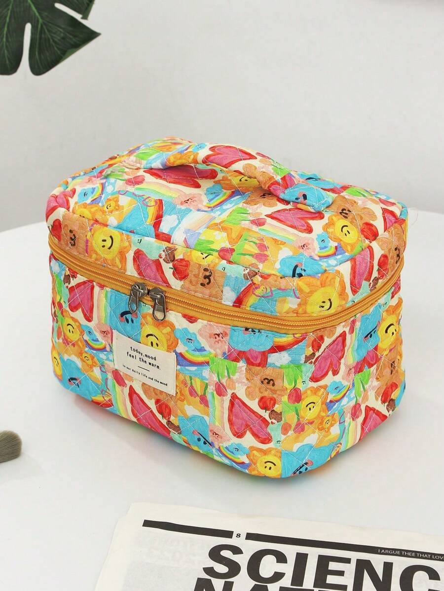 拼布心形和花卉刺绣化妆包，清新风格时尚休闲便携式化妆包，多功能大容量收纳包，可装钱包、口红、卫生巾、钥匙、衣服、化妆品、洗漱用品 - 紅色 - 查看 1