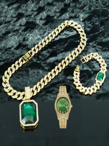 1 Set Ruby Alloy Pendant, Ruby Bracelet, Red Watch, Men's Personalized Necklace Set, Elegant Gift Set For Men - Gemstone Pendant Necklace Set - View 39