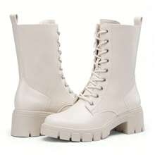 Women's Mid Calf Combat Boots Lace Up Elastic Chunky Platform Boot With Side Zipper - 米色 - 查看 1