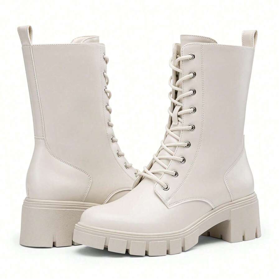 Women's Mid Calf Combat Boots Lace Up Elastic Chunky Platform Boot With Side Zipper - 米色 - 查看 1