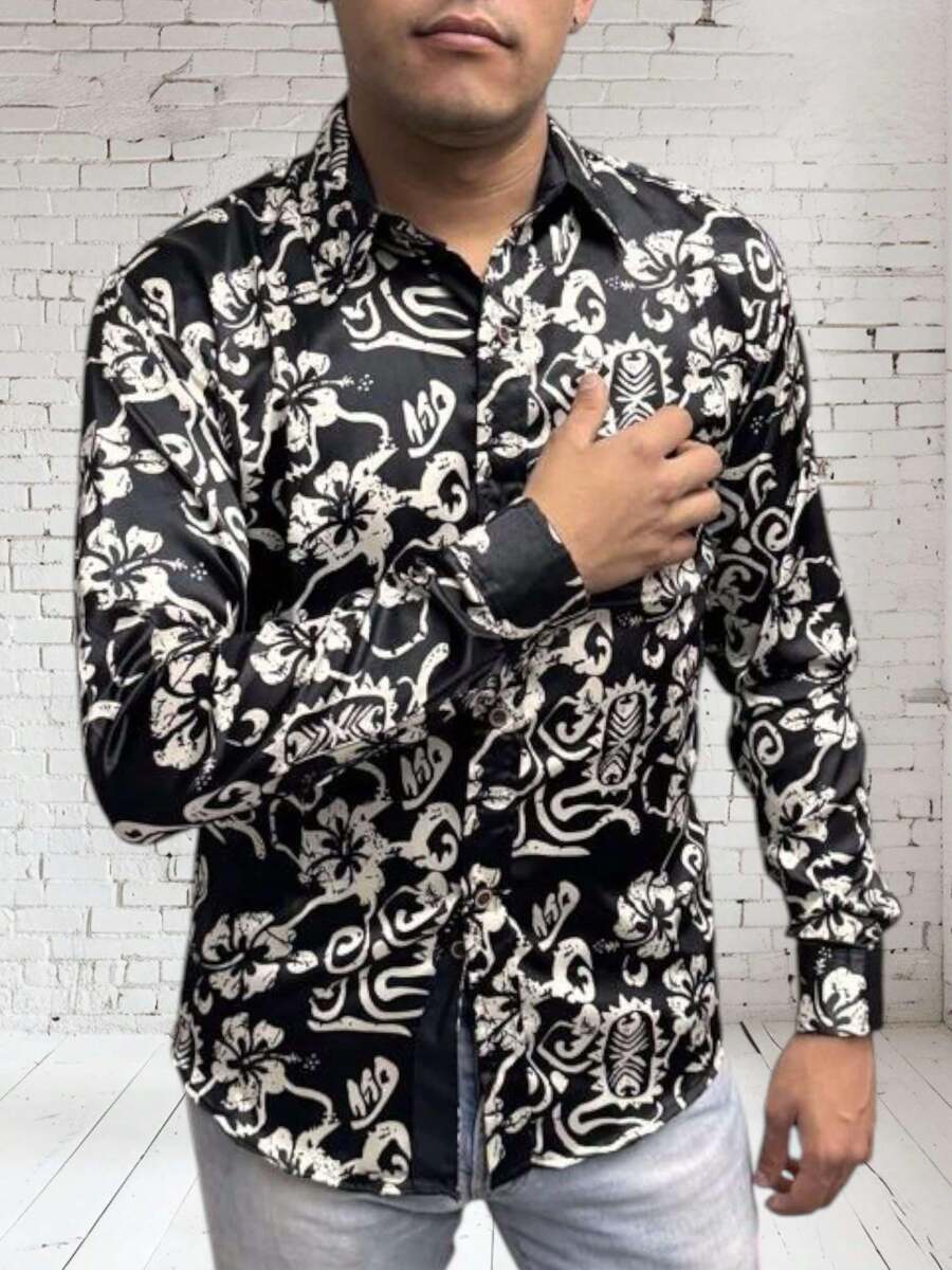 Camisa de caballero manga larga con estampado de flores satinado - Negro - Ver 1