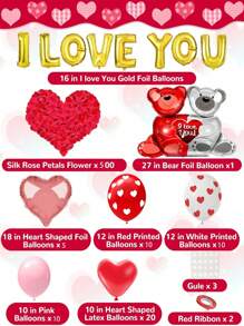 560片/套爱心气球花瓣套装（2个18英寸气球+20个10英寸气球+1个LOVE气球+500片花瓣），适用于婚礼和订婚派对装饰。 - 玫瑰紅 - 查看 5