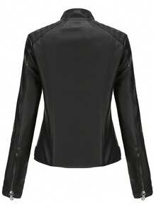 Women Slim Leather Jacket, Lightweight Spring Autumn Coat, Stand Collar Faux Leather Moto Jacket