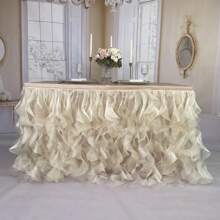 Tulle Ruffle Table Skirt, Soft Chiffon Ruffled Willow Decoration Table Skirt,Suitable For Rectangular Shape, For Girls Birthday Party, Baby Christening, Cake, Dessert, Wedding Bride, Shower Party Decor