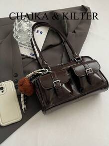 CHAIKA & KILTER 1 件闪亮 PU 皮革女士单肩包，带多个口袋，大容量波士顿风格，拉链开合，适合日常和户外使用（附吊坠） - 咖啡 - 查看 5