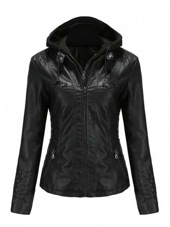 Women's Casual Hooded Zip-Up Leather Jacket With Detachable Hood, Faux Leather Outerwear