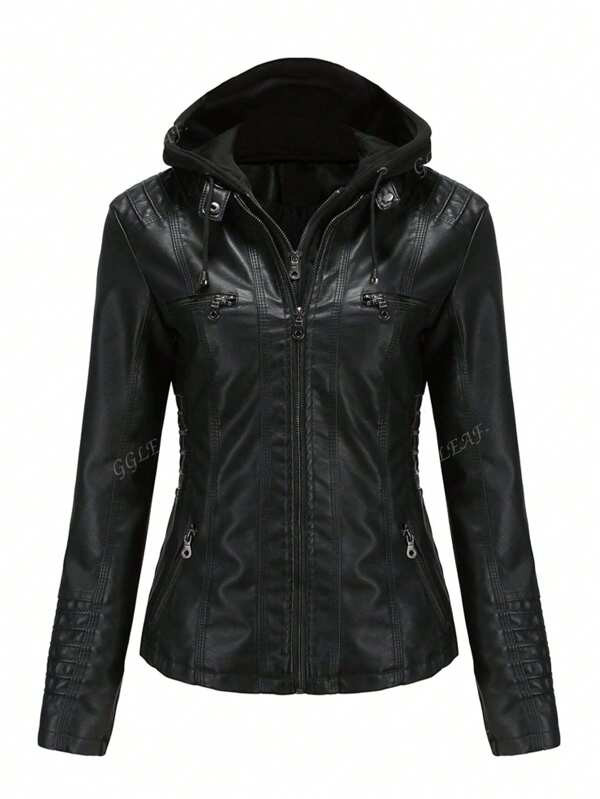 Women's Casual Hooded Zip-Up Leather Jacket With Detachable Hood, Faux Leather Outerwear