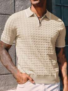Men's Solid Color Zip-Up Polo Knit Short Sleeve Top, 2025 New Business Casual Breathable Short Sleeve Knit Sweater - Apricot - View 1
