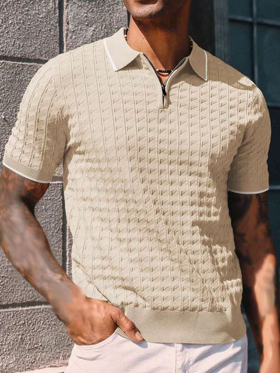 Men's Solid Color Zip-Up Polo Knit Short Sleeve Top, 2025 New Business Casual Breathable Short Sleeve Knit Sweater - Apricot - View 1