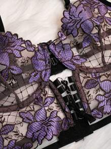 SOFUSEN Sexy Purple & Black Lingerie Set Women's Lace Trimmed Bra Multi-Layer Panty Garter Belt Lingerie Combo Underwear Set Sleepwear Nightwear Lace Lingerie For Women Plus Size Available Elegant Comfortable Fit - 紫色 - 查看 2