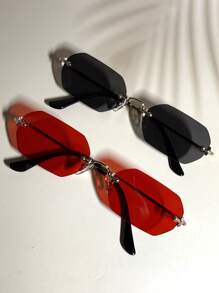 015835340007 2副男士超大红色六边形镜框复古全金属时尚眼镜，渐变色，适合街头、海滩、日常通勤，经典复古旅行者时尚眼镜（含挂绳和清洁布） - 1*金/灰+1*金/紅 - 查看 3