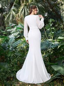 Elasola 白色长袖新娘礼服，采用涤纶雪纺面料，鱼尾廓形，适合婚礼派对、植物园活动和自然主题婚礼的宾客穿着，优雅小白裙 - 白色 - 查看 3
