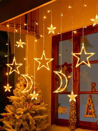 1pc 3.5M Star&Moon LED Curtain String Lights, Waterproof Star And Moon Decor Lamp For Garden Birthday Party Tent Living Room