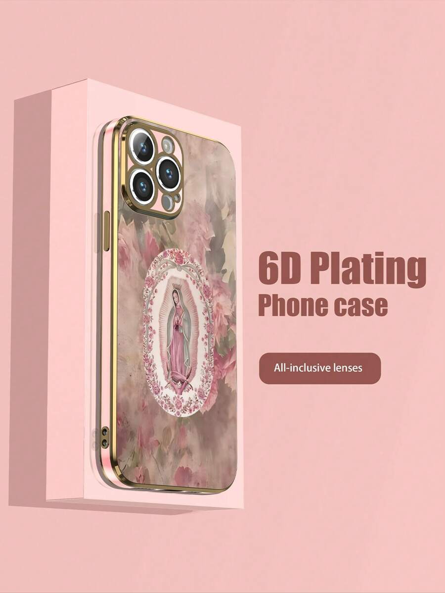 1pc 6D Electroplated Pink TPU Retro Virgin Mary Pattern Shockproof Phone Case Compatible With IPhone, Galaxy, Redmi, OPPO Phones, Compatible With IPhone 15 PRO MAX, IPhone 16 Pro Max, Galaxy A05, A54 5G, A52, A52s 5G, S21 FE 5G, S23 Ultra, S24 Ultra 5G, Poco X5 Pro Waterproof Anti-Fall Scratch Resistant - Multicolor - View 1