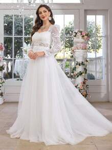 UNITHORSE Sweetheart Collar Long Sleeve Pearl Embroidery Lace Mesh White Wedding Dress Gown,Bride, All White Party Outfit Women - White - View 3