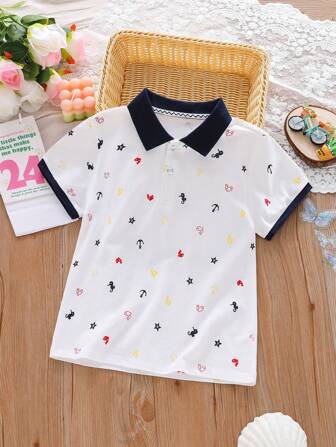 幼儿和儿童男孩休闲 Polo 领短袖 T 恤，海洋动物印花，柔软透气夏季上衣