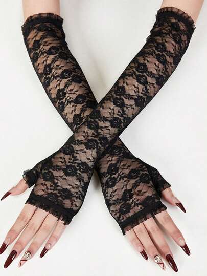 1 Pair Sexy Lace Ladies Half Finger Gloves, Lightweight Sheer Mesh Long Sleeve Arm Sleeves For Summer UV Protection And Performance