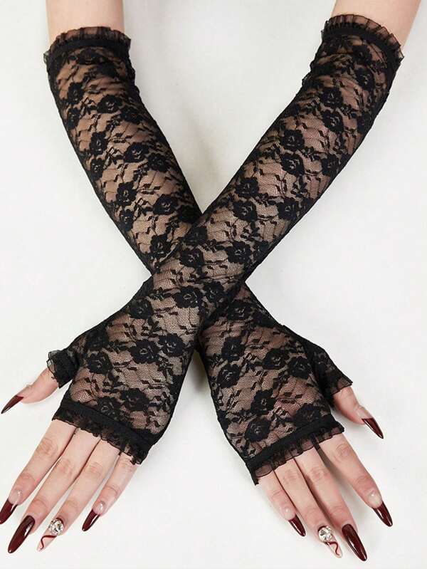 1 Pair Sexy Lace Ladies Half Finger Gloves, Lightweight Sheer Mesh Long Sleeve Arm Sleeves For Summer UV Protection And Performance