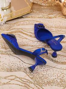 Venus Chan 女士蓝色婚礼高跟鞋意大利设计水钻装饰尖头华丽派对 2025 INS 女士大码鞋派对高跟鞋 - 藍色 - 查看 4