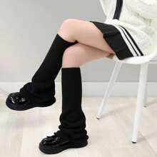 1 Pair Y2K Solid Color Casual Versatile Warm Knitted Leg Warmers - Black - View 3