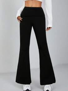 Women Solid Flare Skinny Pants Fold Over Leggings Stretch Bootcut Flared Yoga Pants Y2k Joggers - Black - View 6