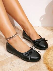Women's Elegant Bowknot Round Toe Loafers, Simplistic Flat Shoes, Comfortable, Stylish, Slip-On, Fashion, Korean Style