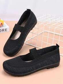 女士夏季新款网眼透气平底鞋春秋休闲鞋针织鞋面防滑软底轻便舒适一脚蹬乐福鞋 - 黑色 - 查看 4