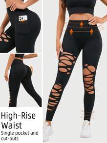 1pc Seamless Hollow-Out High Waist Elastic Skinny Leggings, Sporty Casual Slimming Pants - 黑色 - 查看 3