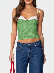 Women Summer Crop Camisole Casual Lace Trim Plaid Print Tie Up Strap Tank Tops Sleeveless T-Shirt For Club Streetwear - màu xanh lá - Xem 2