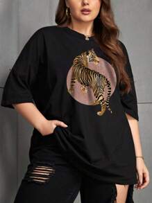 Women's Plus Size Sports Loose T-Shirt With Tiger Print, Suitable For Girlfriends, Family, Friends, Parties, Outdoor Sports' Home; Plus Size Women's Casual T-Shirt, Loose Casual Women's Plus Size Sports Casual Loose Tops