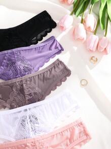 5pcs/Set Romantic Sexy Lace Patchwork & Ruffle Design Women's Thong Panties - Multicolor - View 4