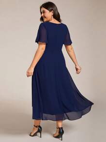 Plus Size Women Chiffon Ruffle Hem Solid Color Elegant High-Low Bridesmaid Dress - Navy Blue - View 3