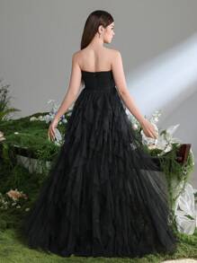 Teen Girls' Layered Mesh Overlay Strapless Party Dress - Black - View 3