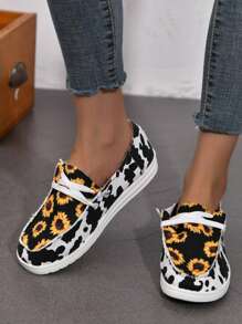 女士向日葵和奶牛图案便鞋，轻便户外步行鞋 - 明黃色 - 查看 5