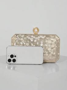 Simple Marble Pattern Box Shape Evening Clutch Bag, Suitable For Wedding, Party, Prom, Ladies Handbag, Shoulder Bag With Chain, Prom Bag For Party - Gold - View 6