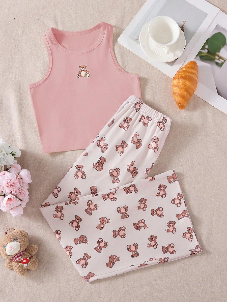 Set de 2 piezas de pijama casual minimalista para niñas, que incluye 1 pieza de camiseta con estampado de oso de peluche y 1 pieza de pantalón holgado con estampado de oso de peluche, adecuado para usar en primavera/verano en casa - Rosa - Ver 1