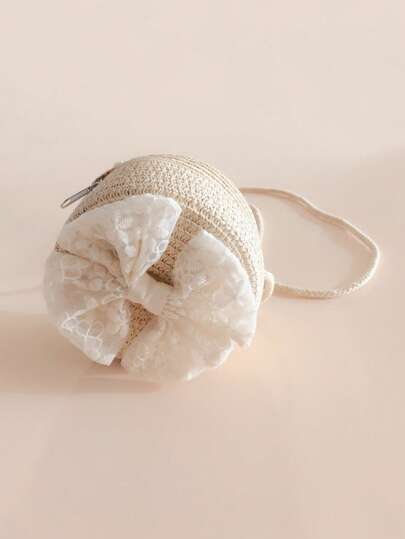 1pc Girls' Lace Bowknot Straw Crossbody Bag, Kids Coin Purse For Travel & Beach