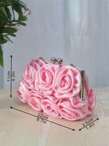 Satin Rose Flower Clutch Bag, Elegant Small Handbag For Formal Occasion, Bridal, Bridesmaid, Crossbody, Evening Dress - Pink - View 9