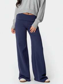 Women Fold Over Yoga Pants Low Rise Solid Color Stretch Casual Straight Wide Leg Palazzo Pants Loose Fit Comfy Flared Leggings Gym Lounge Pants Bootcut Bell Bottoms Baggy Sweatpants Teen Girl Back To School Bottoms Y2k Streetwear - 藍色 - 查看 1