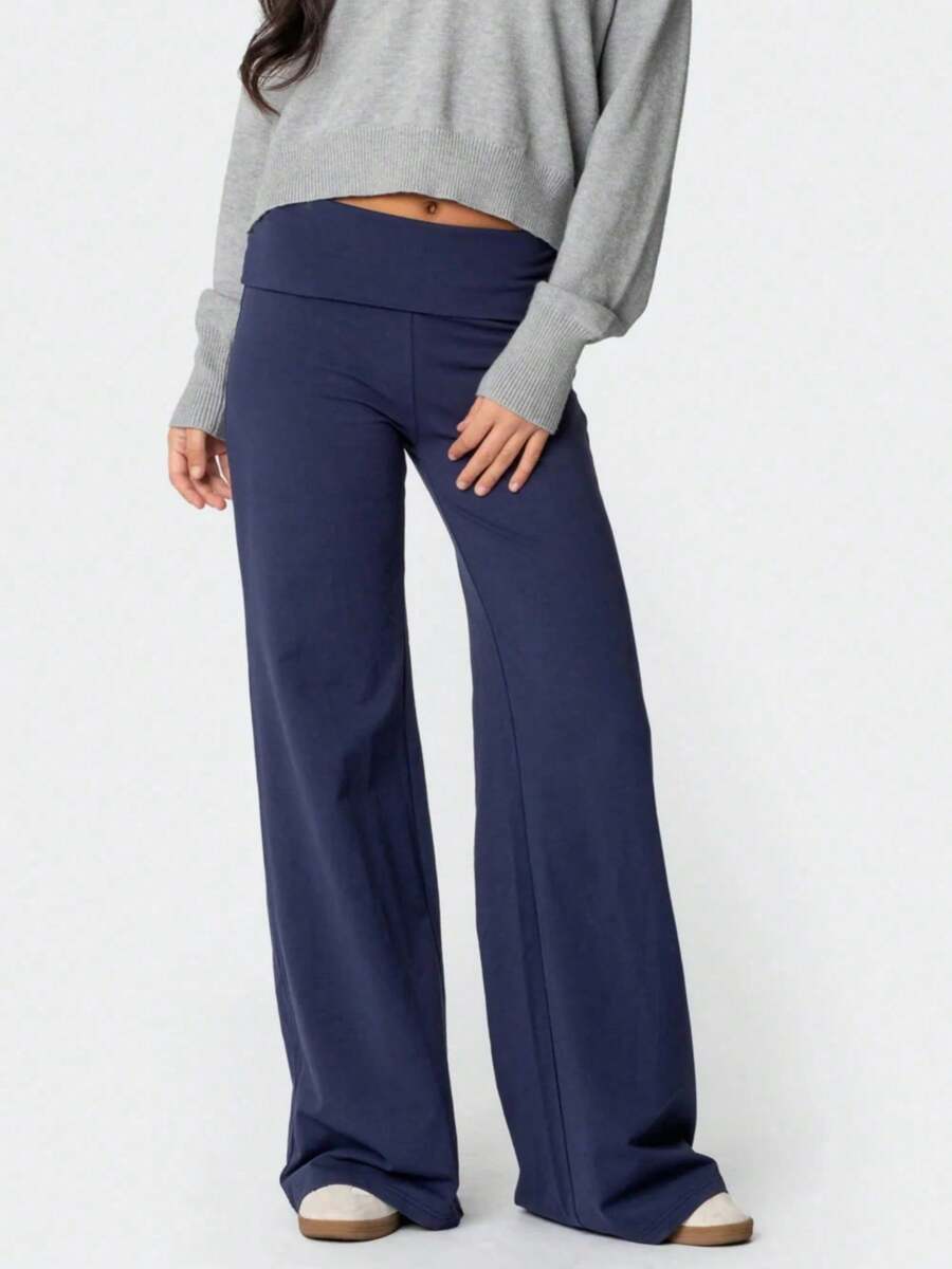 Women Fold Over Yoga Pants Low Rise Solid Color Stretch Casual Straight Wide Leg Palazzo Pants Loose Fit Comfy Flared Leggings Gym Lounge Pants Bootcut Bell Bottoms Baggy Sweatpants Teen Girl Back To School Bottoms Y2k Streetwear - 藍色 - 查看 1