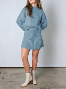 Womens 2 Piece Outfits Long Sleeve Mock Neck Ribbed Sweater And Mini Skirt Set 2025 - Blue - View 4